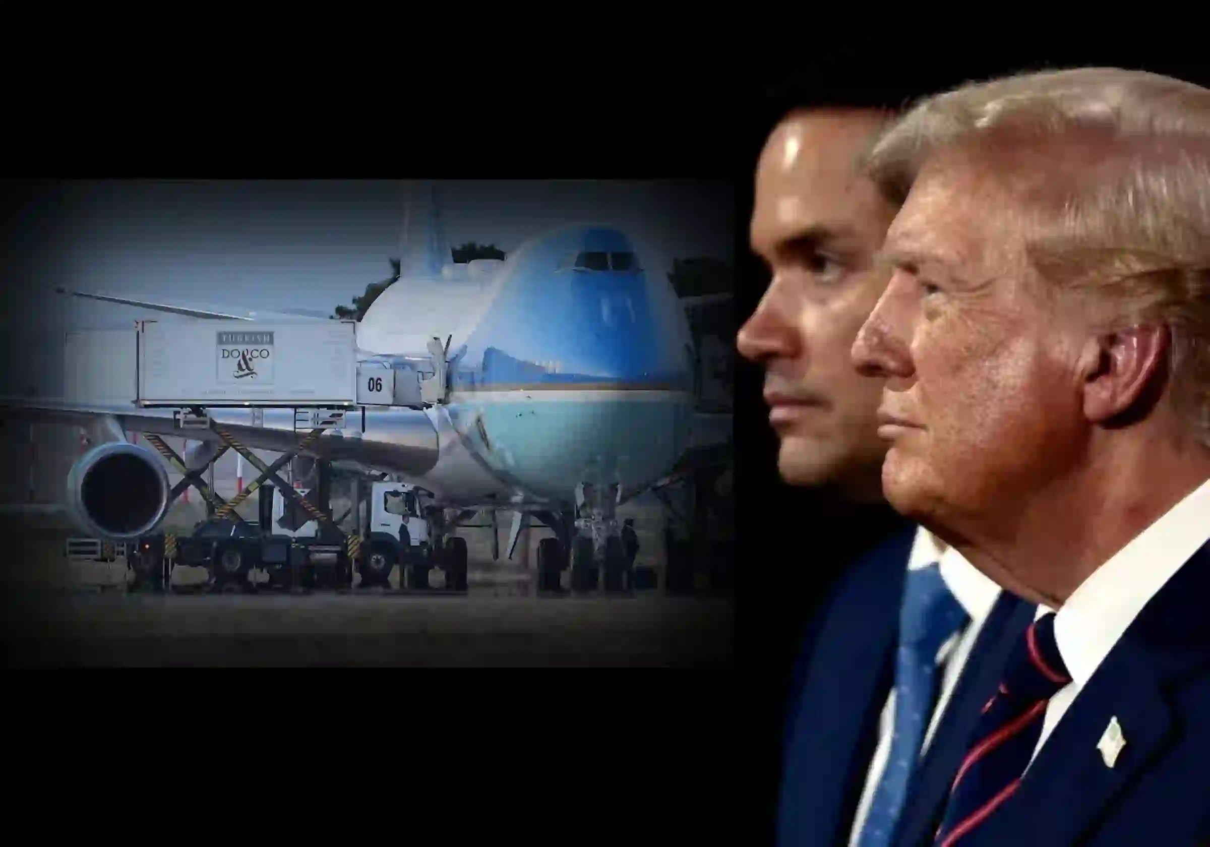 O então senador Marco Rubio e então presidente recém eleito Donald Trump durante a Convenção Nacional Republicana, em 2024 / Foto: Hannah Beier / Bloomberg |•| Ao lado, caminhões na pista do Air Force One no Aeroporto Internacional de Ancara, Turquia, enquanto a comitiva com Trump chega após cúpula da OTAN 8.7.2026 / Foto: AP/Alex Brandon |•| URBS MAGNA