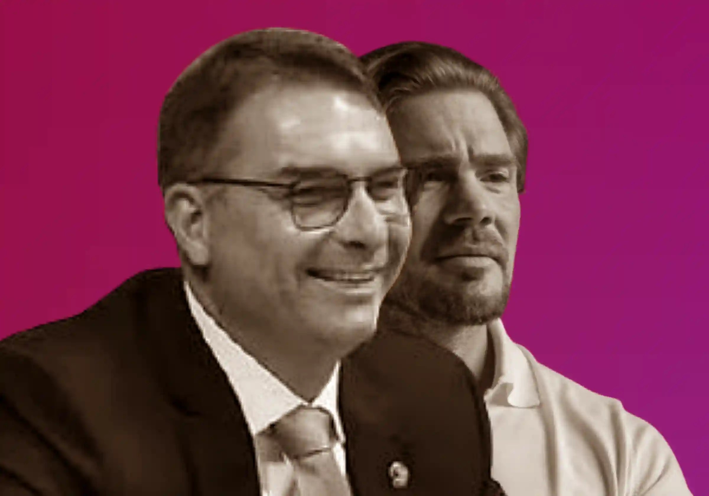 Flávio Bolsonaro / Foto: Roque de Sá/Agência Senado | Daniel Vorcaro, do Banco Master / Foto: Victor Moriyama/Bloomberg |•| Arte URBS MAGNA