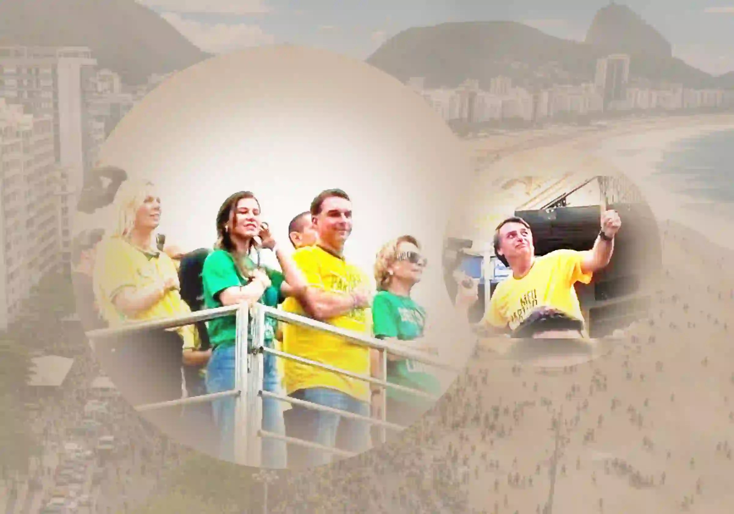 Flávio Bolsonaro em Copacabana - Rio de Janeiro / Imagem reprodução redes sociais |•| Jair Bolsonaro em Juiz de Fora, momentos antes de levar a famigerada facada / reprodução web |•| Ao fundo, a orla carioca em 16.8.20226 |•| Arte URBS MAGNA |•|