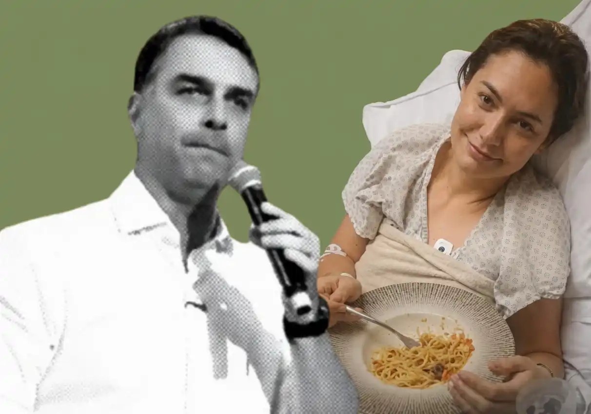 Flávio Bolsonaro na convenção do PL |•| A madrasta Michelle divulgou imagem em cama de hospital comendo macarrão |•| Imagens reprodução redes sociais |•| Arte URBS MAGNA
