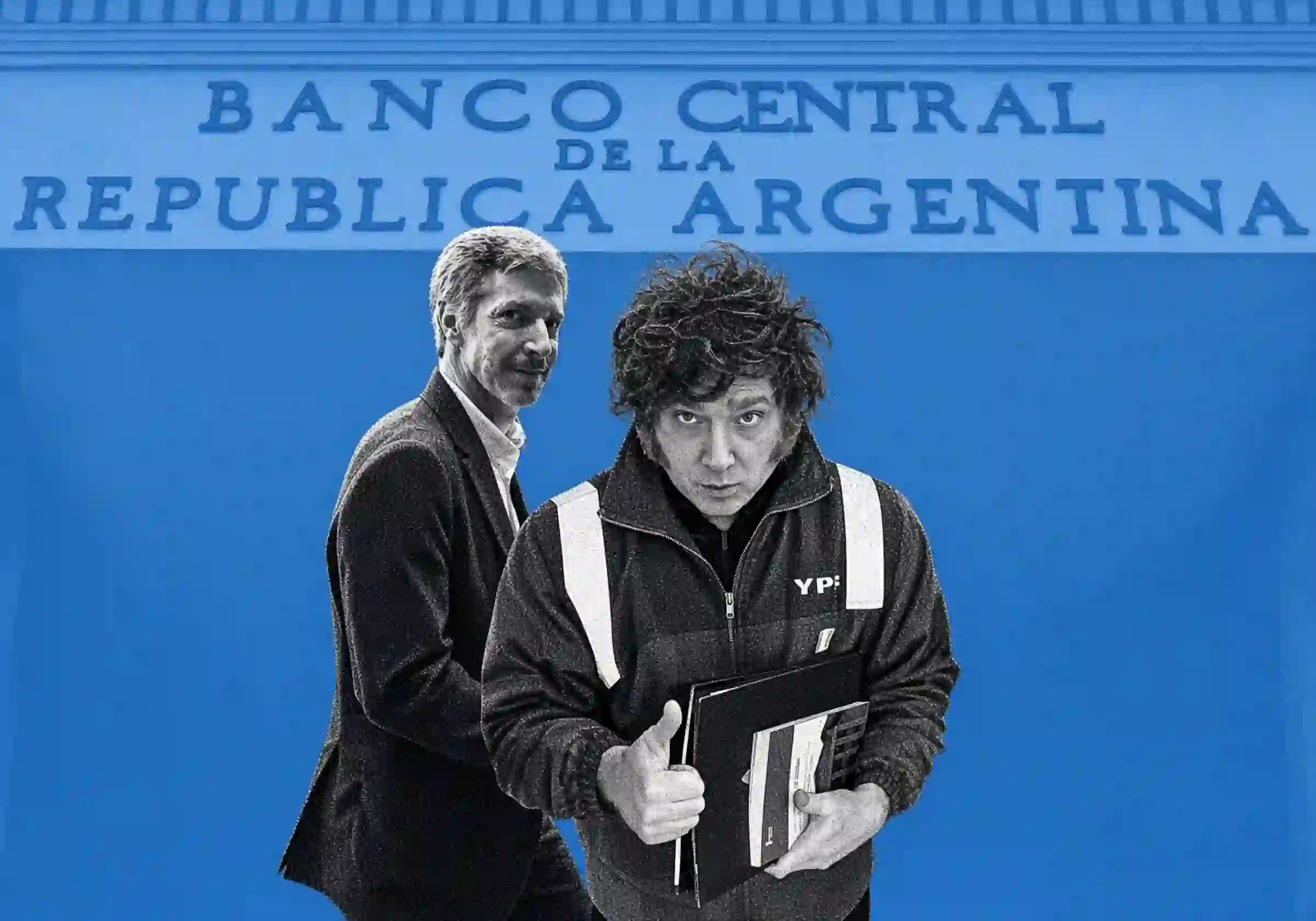 O presidente do Banco Central da República Argentina (BCRA), o economista Santiago Bausili, e o presidente do país portenho, Javier Milei |•| Arte URBS MAGNA