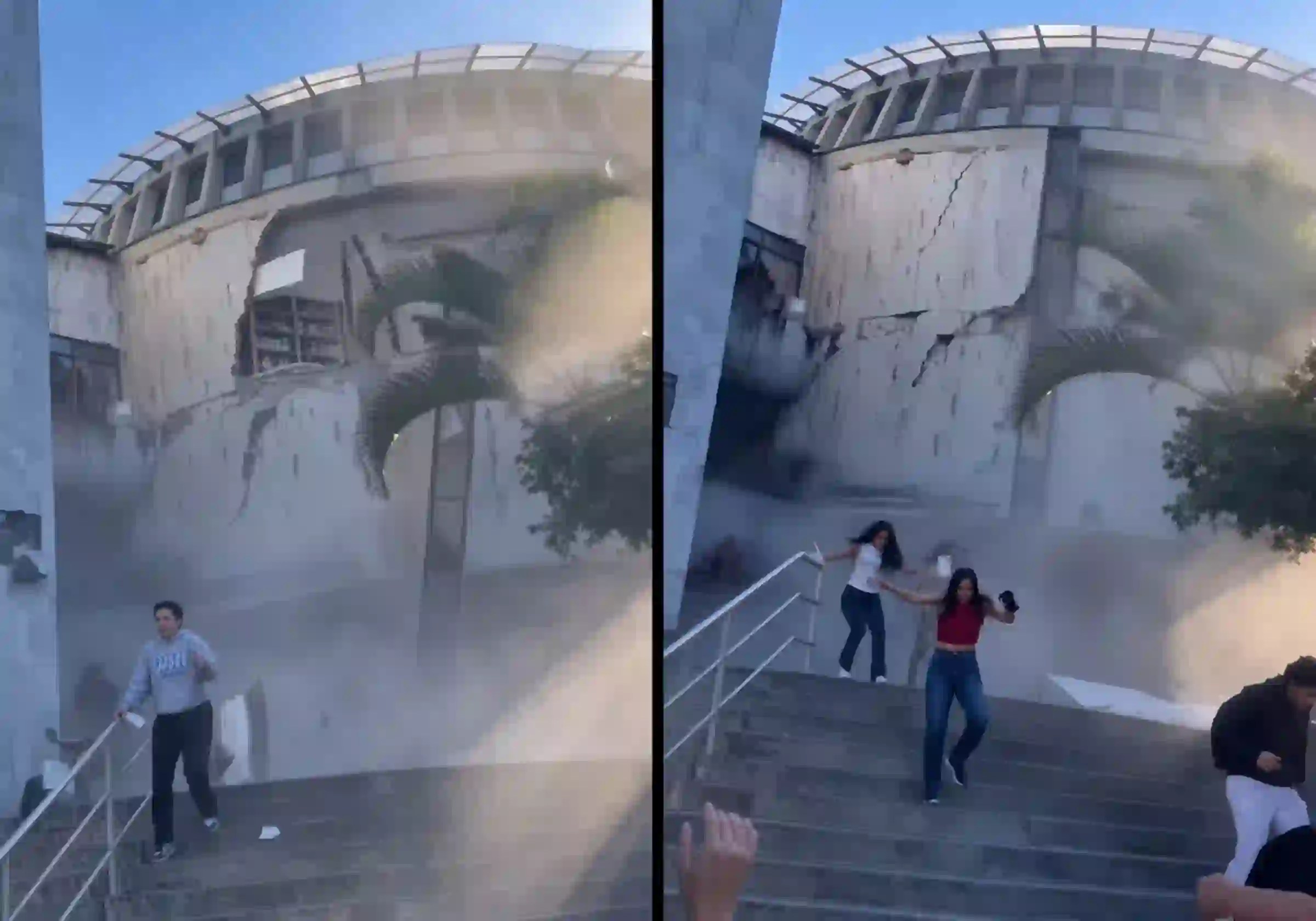 Terremoto de 7,4 na Colômbia causou o desabamento de parte da Universidad Libre de Pereira, com alunos evacuando sob poeira e pânico; sismo deixou mais de 100 mortos e danos generalizados em aeroportos e prédios / Imagem reprodução X/madeleintlSUR |•| Arte URBS MAGNA
