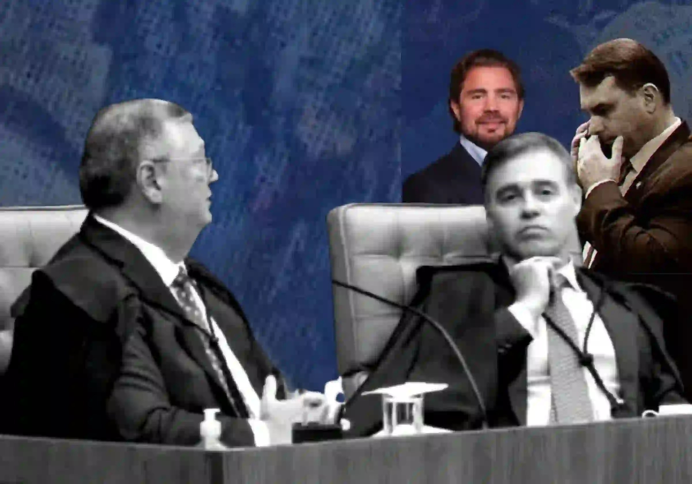 Os ministros do STF, Flávio Dino e André Mendonça, durante sessão plenária da Corte |•| Foto: Victor Piemonte/STF |•| Ao fundo, Daniel Vorcaro e Flávio Bolsonaro |•| Imagens reprodução redes sociais |•| Arte URBS MAGNA