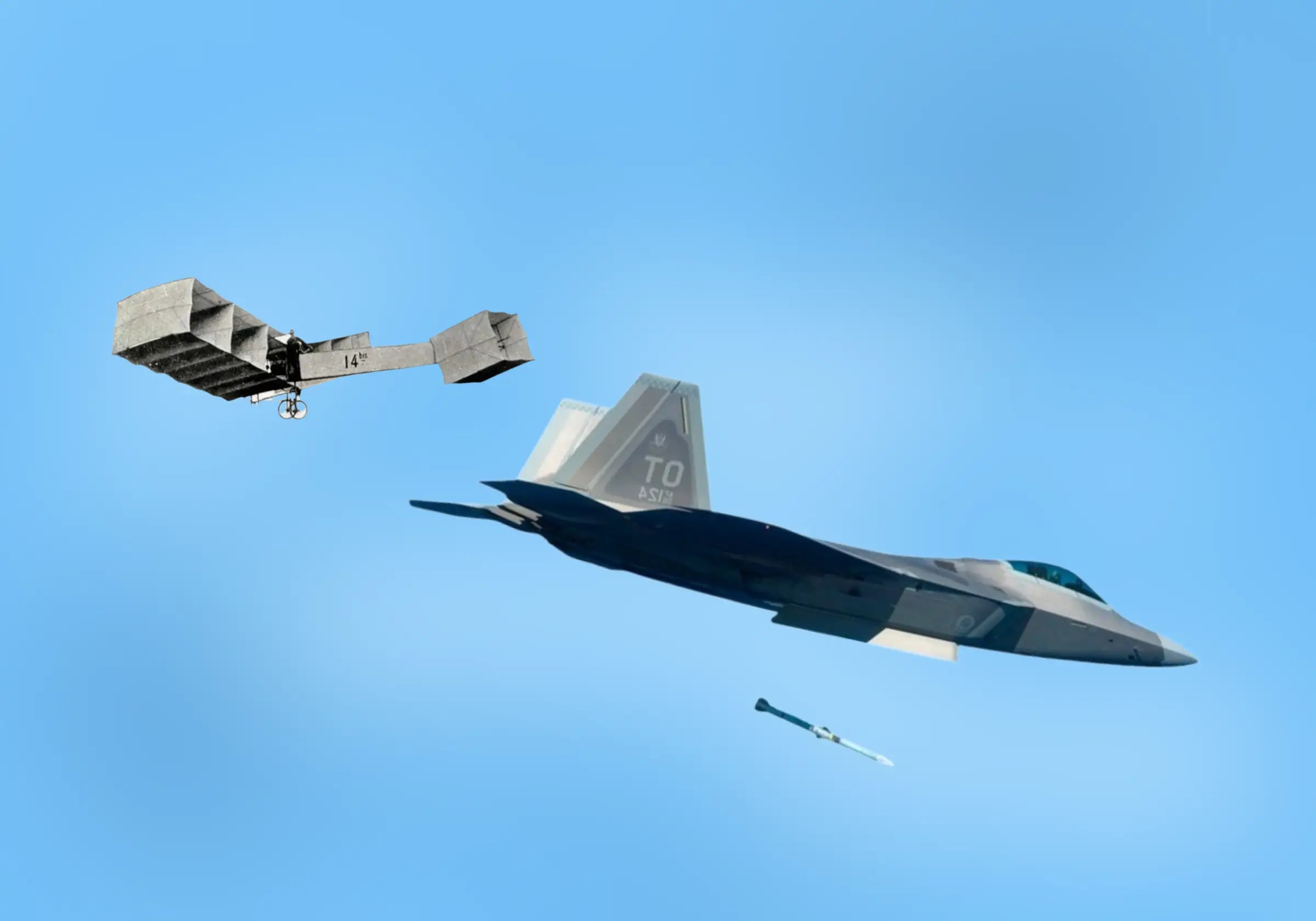 O 14 BIS de Santos Dumont e o Lockheed Martin F-22 Raptor é um caça tático furtivo (stealth) de quinta geração e superioridade aérea, desenvolvido para a Força Aérea dos Estados Unidos (USAF)