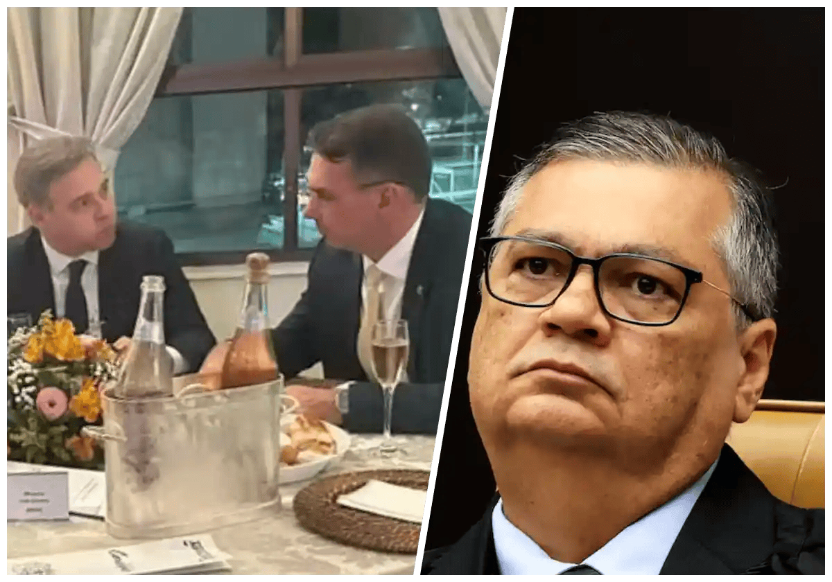 O ministro do STF André Mendonça e o senador Flávio Bolsonaro em evento de juristas conservadores / Foto: Reprodução via O Globo (Bella Megale) Ministro Flávio Dino / Foto: Bruno Moura/STF |•| URBS MAGNA