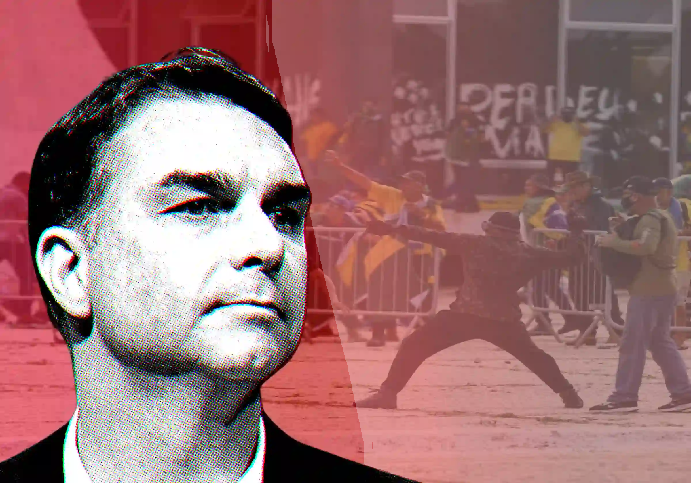 Senador Flávio Bolsonaro, filho de condenado por tentativa de golpe de Estado / Foto: Evaristo Sá/AFP | Ao fundo, apoiadores do golpe depredam o STF |•| arte URBS MAGNA