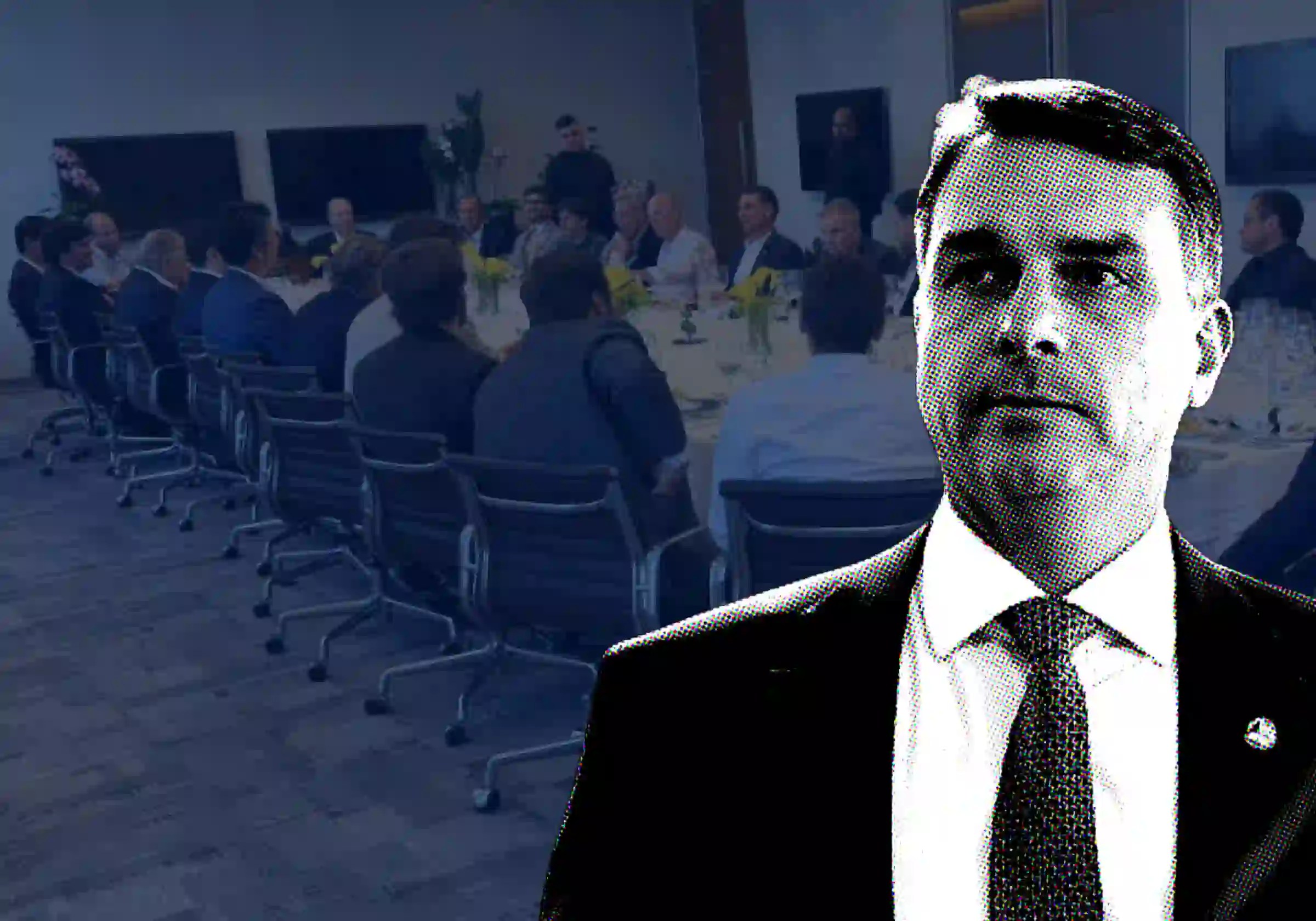 Flávio Bolsonaro / Foto: Andressa Anholete/Agência Senado | Ao fundo, o senador durante almoço com empresários no banco UBS, na Faria Lima, em dezembro de 2025 / Divulgação |•| arte URBS MAGNA