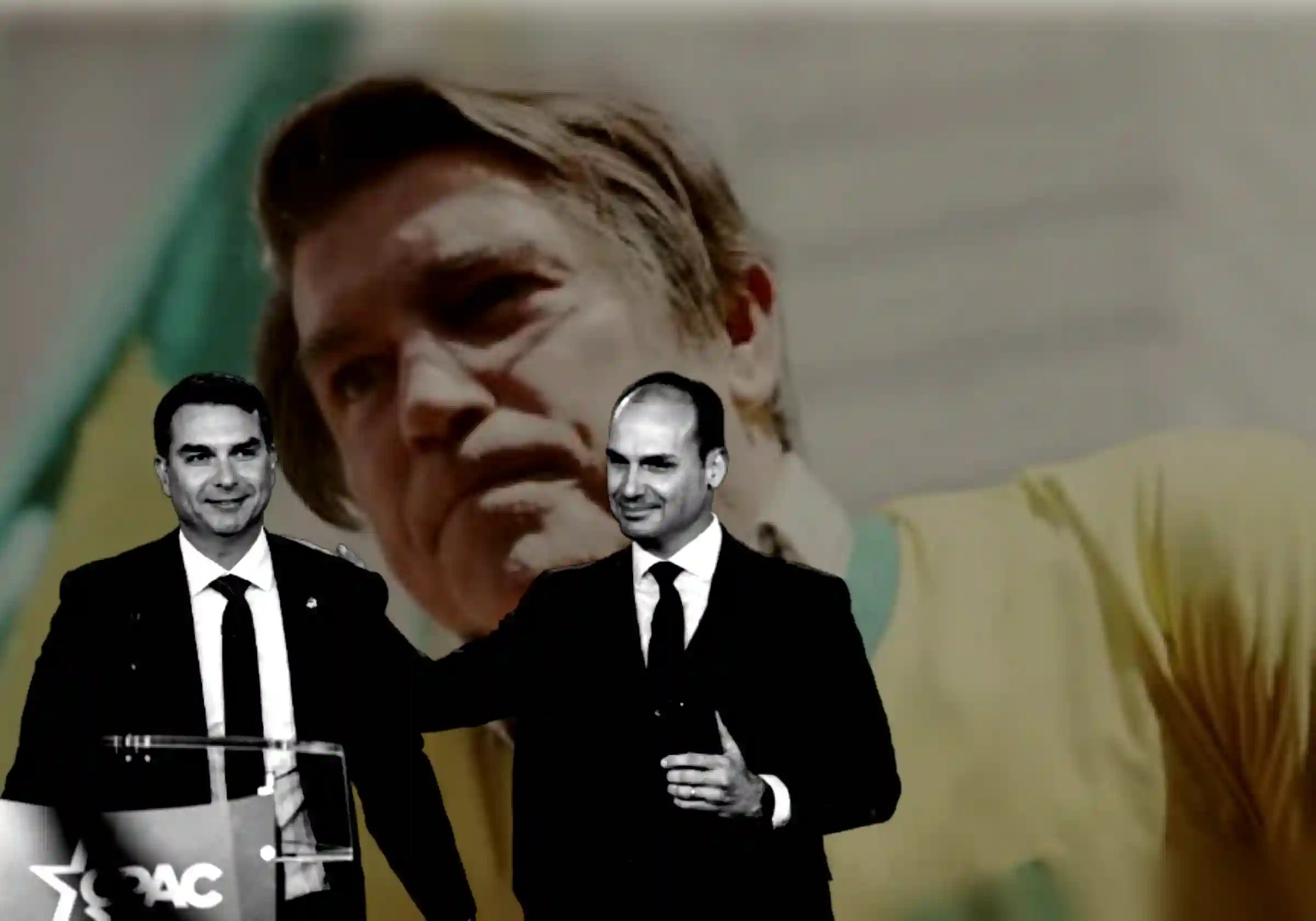 Flávio e Eduardo Bolsonaro durante conferência da CPAC nos EUA / Foto: Daniel Cole/Reuters | Ao fundo, o ator Jim Caviezel interpreta o apenado Jair Bolsonaro no fimem Dark Horse |•| Arte URBS MAGNA