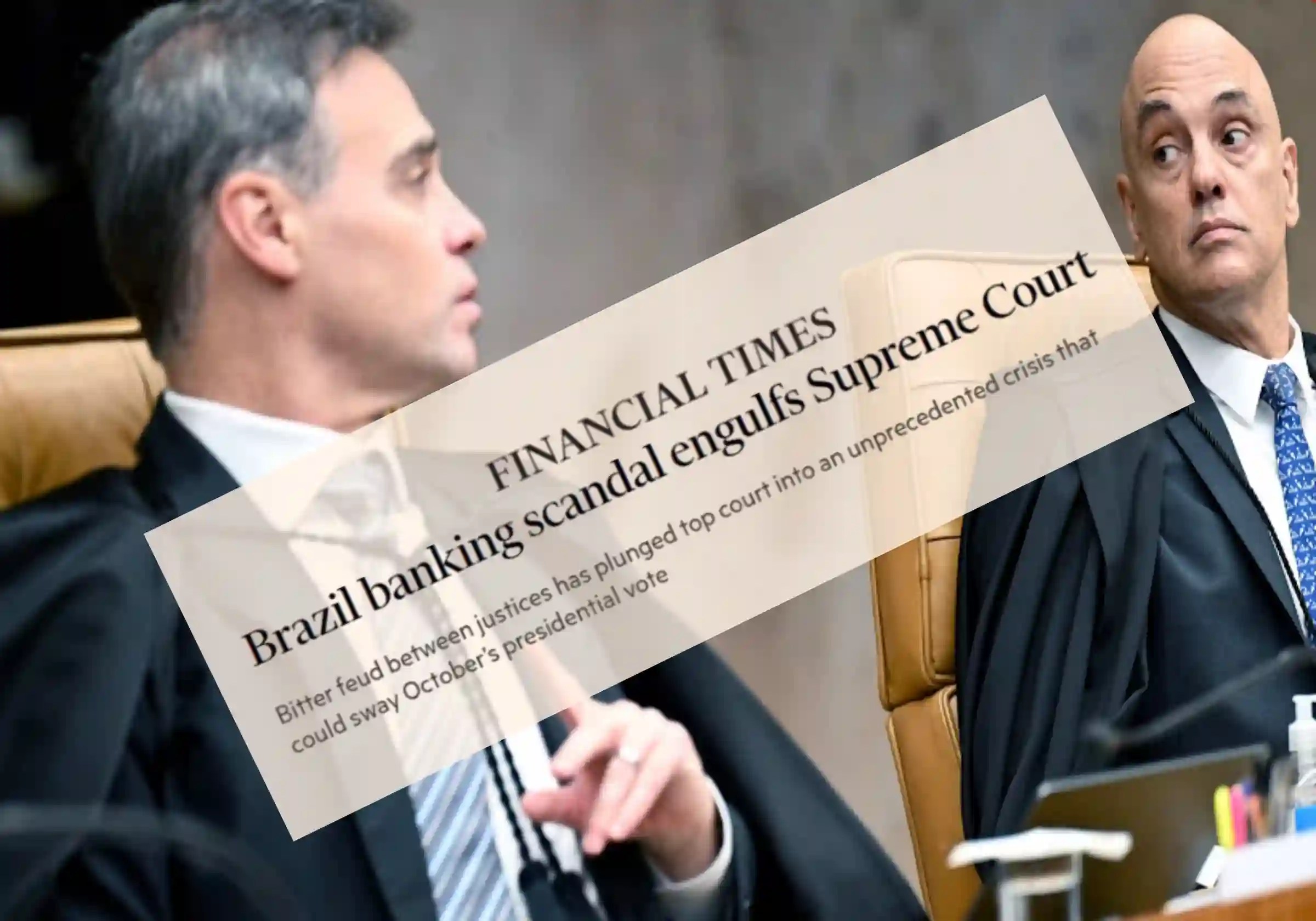 Os ministros do STF André Mendonça e Alexandre de Moraes figuram na manchete do Financial Times sobre a crise na Corte / Imagem reprodução / Financial Times