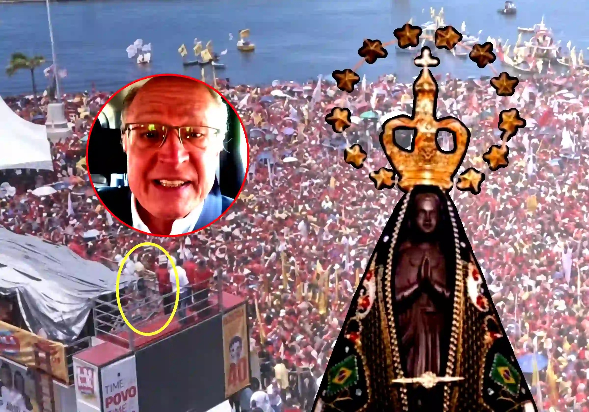 O Vice-Presidente Geraldo Alckmin foi às redes sociais defender a permanência de Nossa Senhora Aparecida no posto de Padroeira do Brasil contra nova onda de ataques bolsonaristas | Ao fundo, o Presidente Lula lota Recife / Imagens reprodução |•| Arte URBS MAGNA
