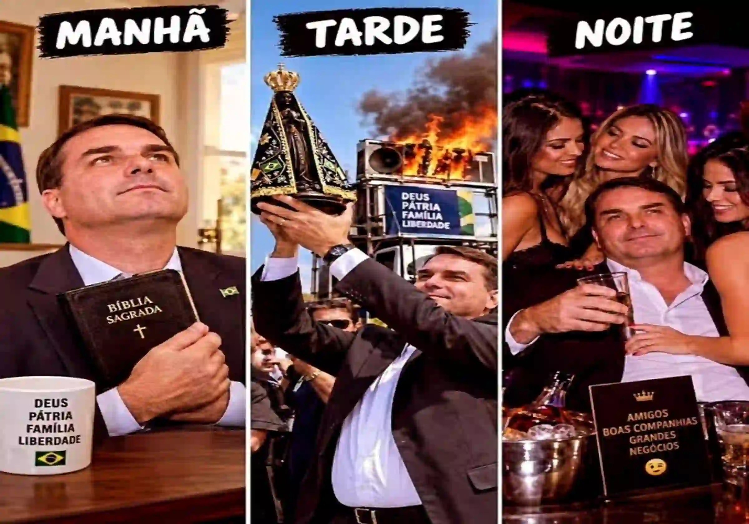 Imagem de IA nas redes sociais mostra o senador Flávio Bolsonaro envolvido em polêmicas recentes sobre N. Sra. Aparecida e garotas de programa: "Deus, Pátria, família e suruba. #BOLSORUBA", escreve o perfil @AleMarchi9 |•| URBS MAGNA