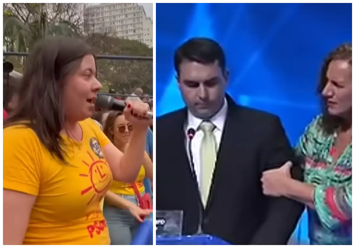 A deputada federal Sâmia Bomfim (PSOL) durante discurso na Avenida Paulista em 2025 / Imagem reprodução | Os então deputados e candidatos à Prefeitura do Rio de Janeiro, Flávio Bolsonaro (PSC) e Jandira Feghali (PCdoB), durante debate eleitoral na TV Band em 25 de agosto de 2016, quando ele sofreu um mal-estar decorrente de queda de pressão arterial / Imagem reprodução |•| Colagem URBS MAGNA