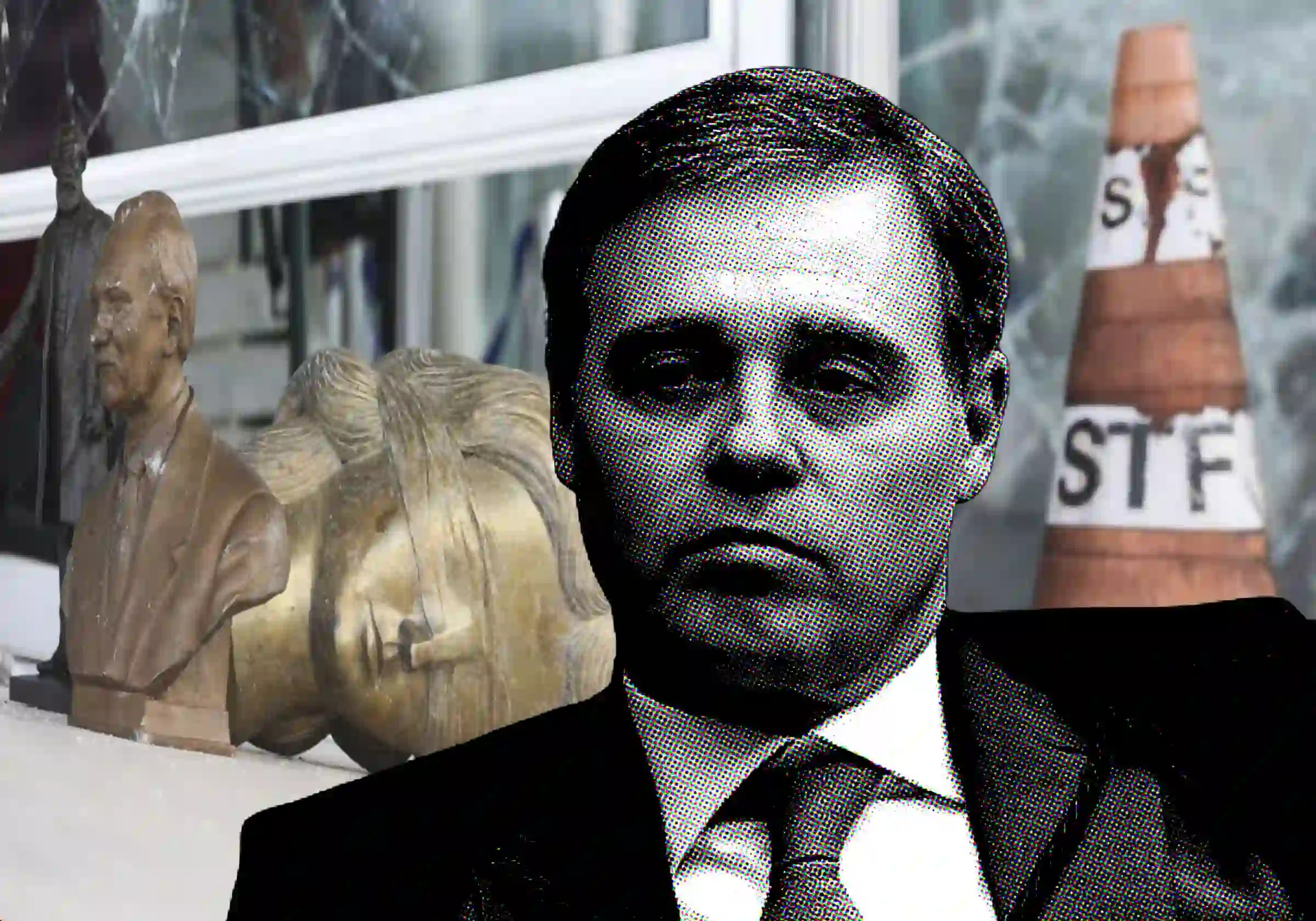 O ministro do STF André Mendonça / Foto: Breno Carvalho / O Globo | Ao fundo, peças danificadas pelos invasores do Supremo Tribunal Federal durante o 8 de Janeiro de 2023 / Foto: Valter Campanato/ Agência Brasil |•| Arte URBS MAGNA