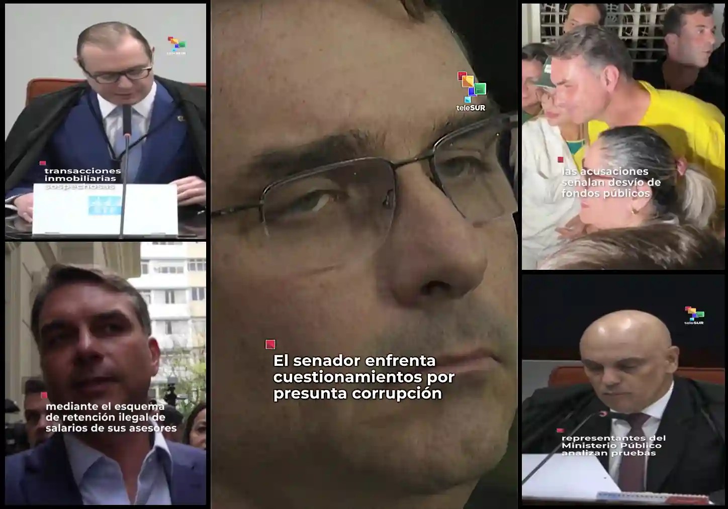 TeleSUR repercute que Flávio Bolsonaro está sob escrutínio por corrupção e lavagem de dinheiro / Imagens reprodução / TeleSUR |•| URBS MAGNA