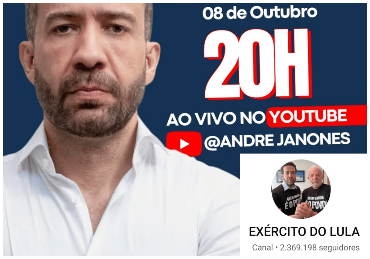 Canal Exército de Lula, de André Janones, chega a 2,4 milhões no WhatsApp. Deputado condiciona live de hoje no YouTube a 3 milhões de seguidores / Imagens reprodução |•| Colagem URBS MAGNA
