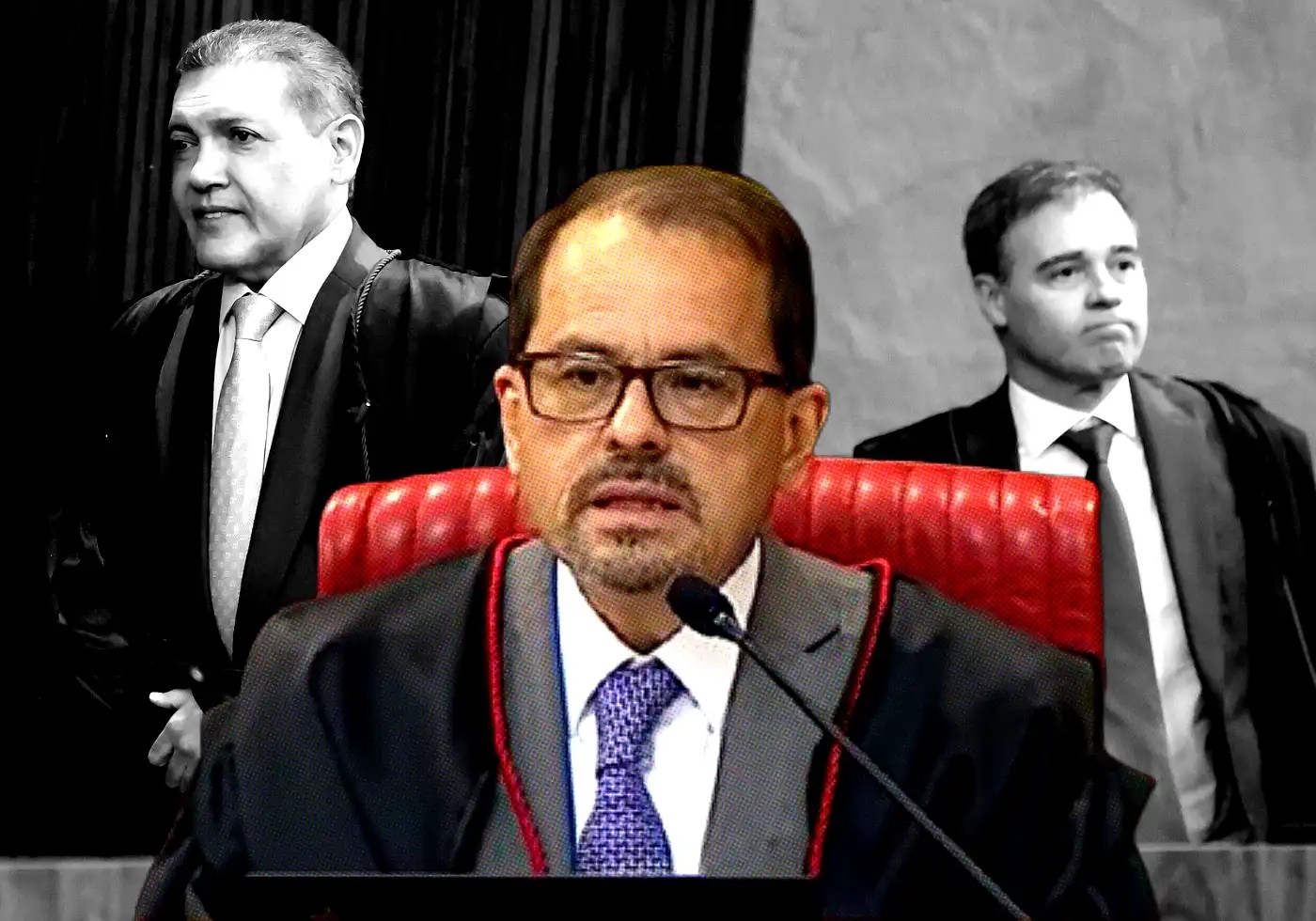 Ministro Floriano de Azevedo Marques, do Tribunal Superior Eleitoral, durante sessão / Foto reprodução / TV Justiça | Ao fundo, Kassio Nunes Marques e André Mendonça / Foto: Antonio Augusto / TSE |•| Arte URBS MAGNA