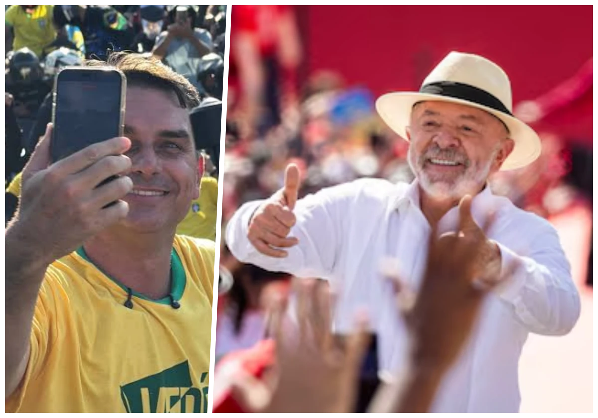 PoderData/Aya aponta Flávio (Foto: reprodução Facebook/Flávio Bolsonaro) com 53% e Lula (Foto: Taba Benedicto/Estadão) com 47% dos votos válidos no 2º turno, vantagem fora da margem de erro |•| Colagem URBS MAGNA