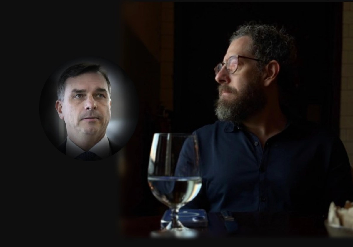 Flávio Bolsonaro (Imagem reprodução redes sociais) teria se reunido com empresários, incluindo Fabio Carvalho (Imagem reprodução Linkedin), semanas antes da Veja publicar relato de Vorcaro sobre filme de Lula contestado pela PF e PGR / |•| Arte Urbs Magna