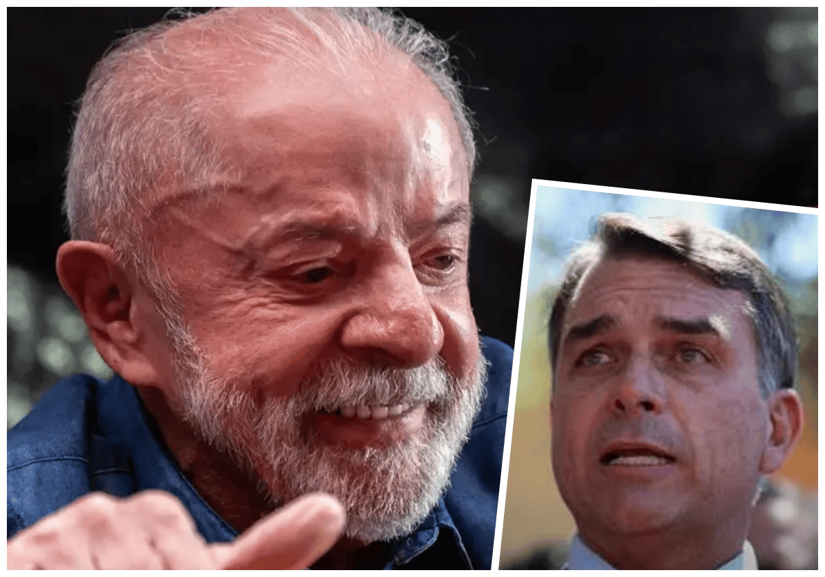 Flávio Bolsonaro (Foto: Evaristo SA/AFP via Getty Images) confirma ida ao debate da Band com o Presidente Lula (Foto: Paulo Lopes/ZUMA/IMAGO) no domingo após negar presença na terça. Analista ironiza sobre o senador ir "de fraldas" |•| Colagem Urbs Magna