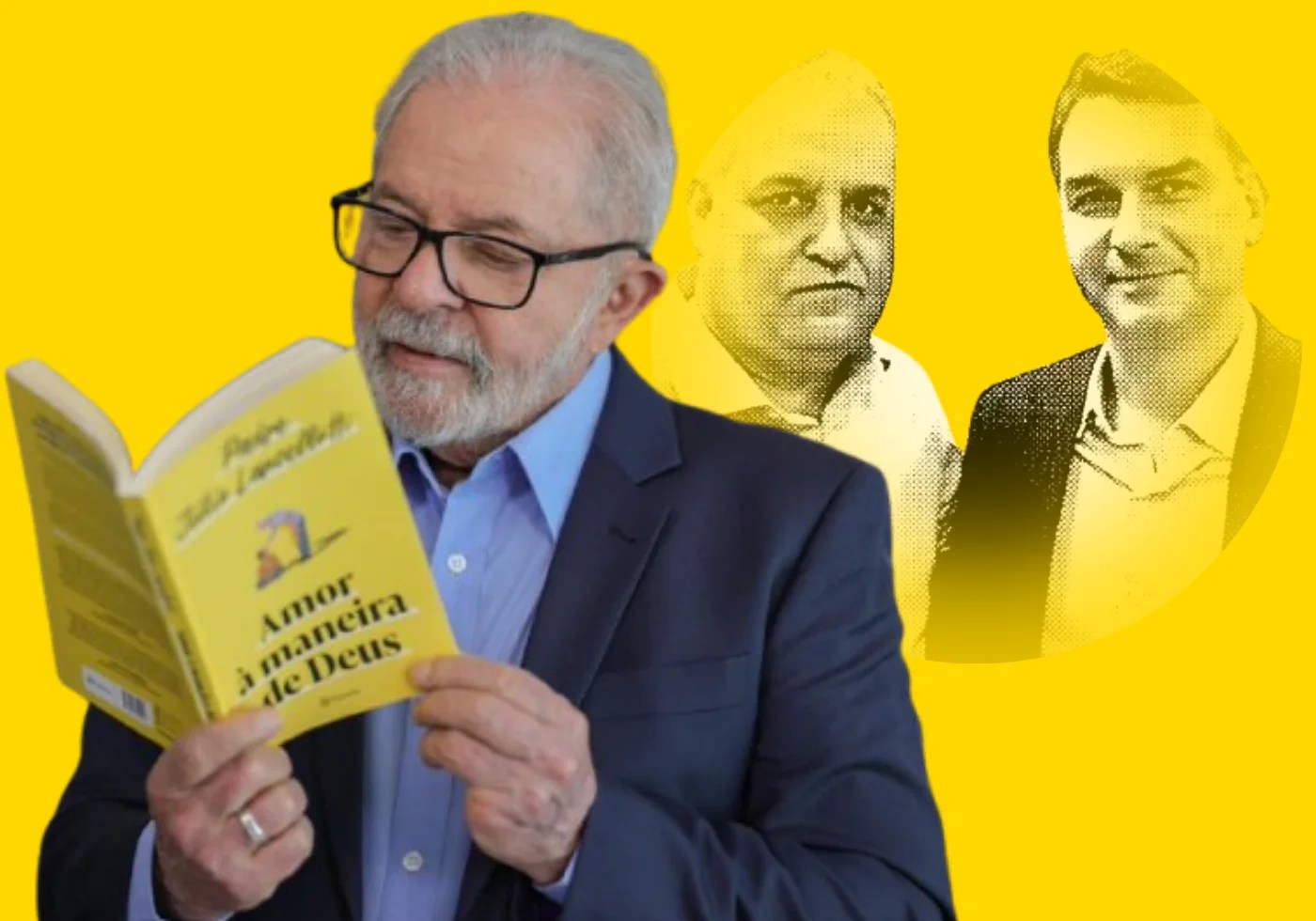 Presidente Lula lê e recomenta livro Amor à Maneira de Deus, de Padre Júlio Lancellotti / Foto: Ricardo Stuckert | Flavio Bolsonaro e seu vice de chapa Alfredo Gaspar | Divulgação PL |•| Arte URBS MAGNA