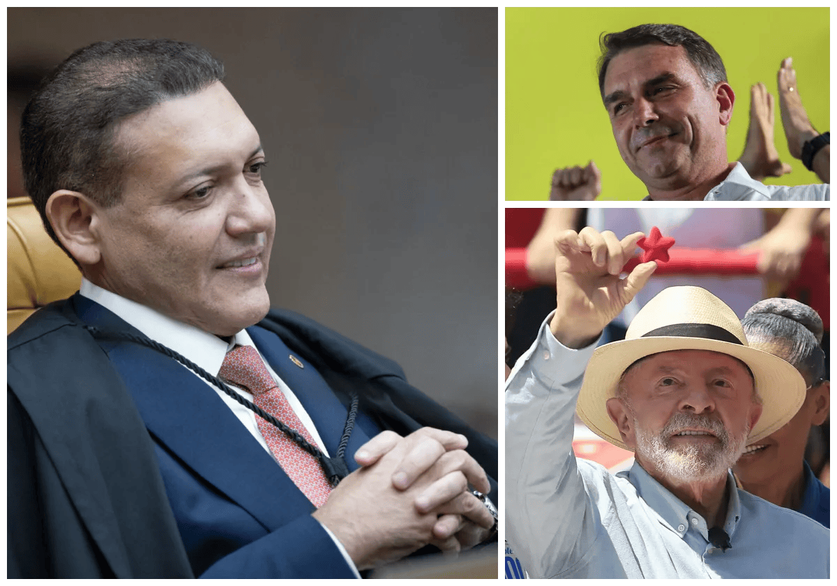 Nunes Marques manteve no ar propagandas de Flávio que ligam Lula a Moraes, ao INSS e a cassinos; o vídeo da roubalheira foi suspenso |•| Colagem URBS MAGNA