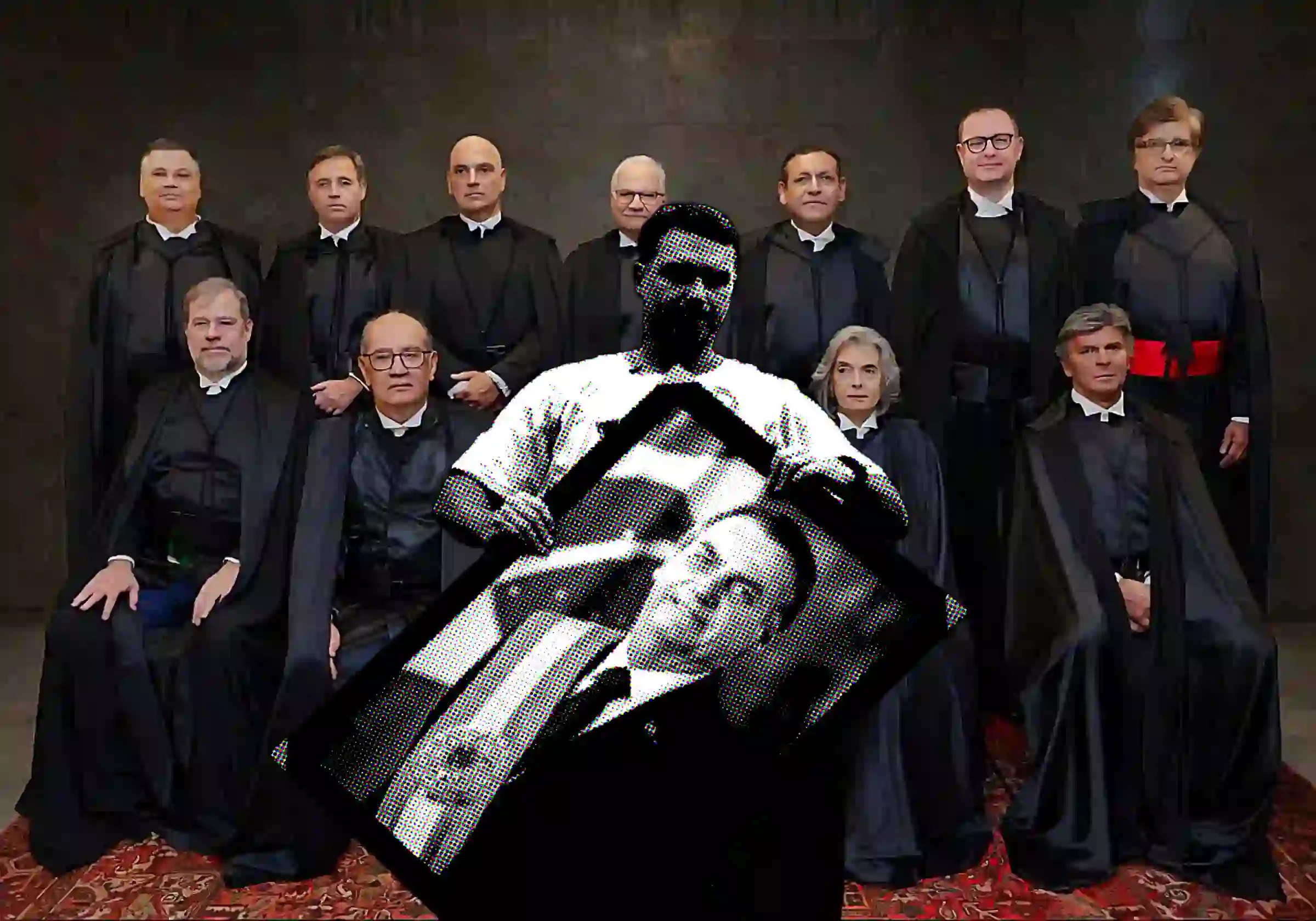 Bancada de Flávio (Foto: Sergio Lima/AFP/Getty Images) soma 49 senadores, votos suficientes para uma PEC que retire do STF (Foto oficial dos ministros / STF) os casos criminais de autoridades, segundo Mônica Bergamo |•| Arte URBS MAGNA