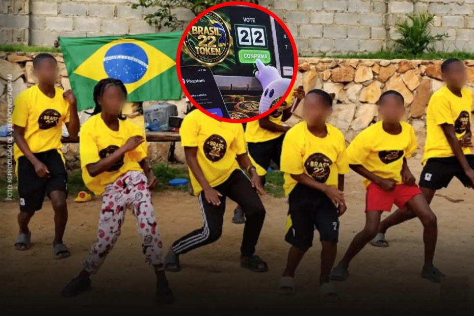Site oferece o token B22 a quem divulgar voto em Flávio Bolsonaro e usa vídeo de crianças de Uganda. Campanha não assumiu o projeto; Publicação no X mostra criptomoedas B22 e urna eletrônica com voto em Flávio Bolsonaro / Imagem reprodução |•| URBS MAGNA
