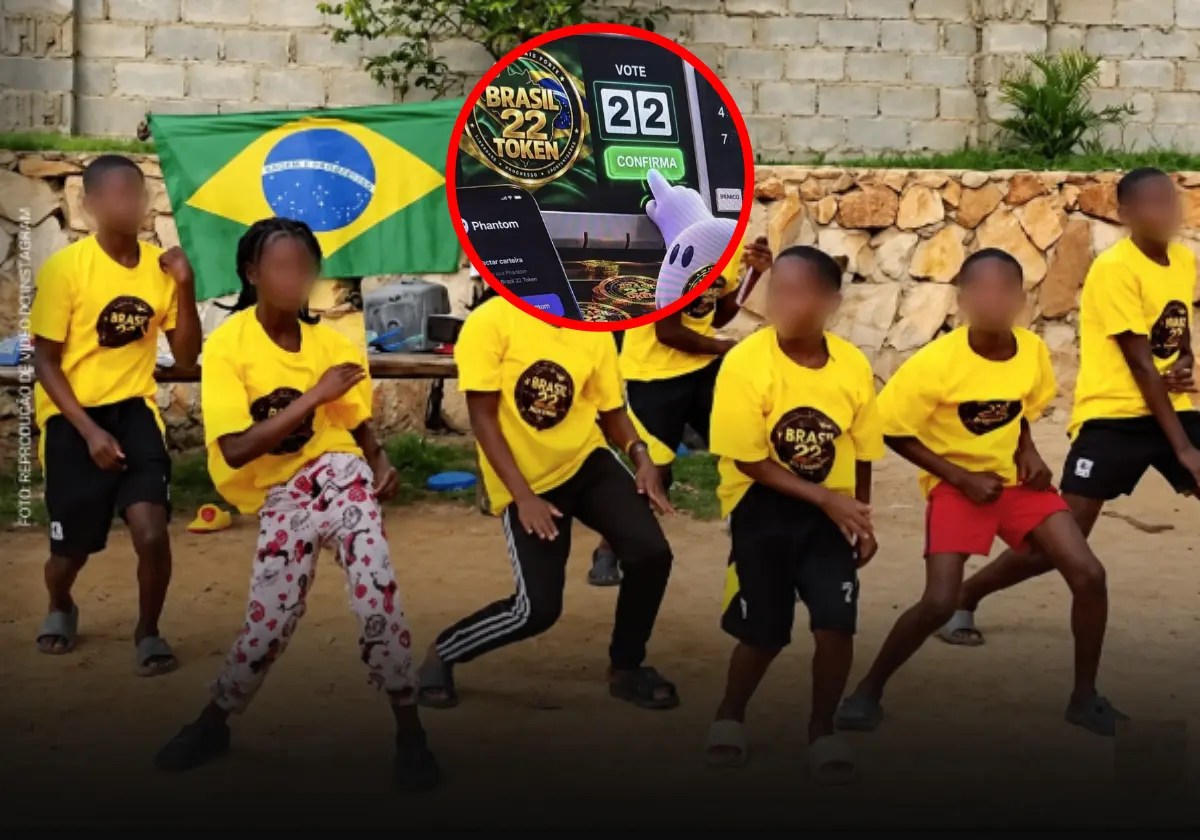 Site oferece o token B22 a quem divulgar voto em Flávio Bolsonaro e usa vídeo de crianças de Uganda. Campanha não assumiu o projeto; Publicação no X mostra criptomoedas B22 e urna eletrônica com voto em Flávio Bolsonaro / Imagem reprodução |•| URBS MAGNA