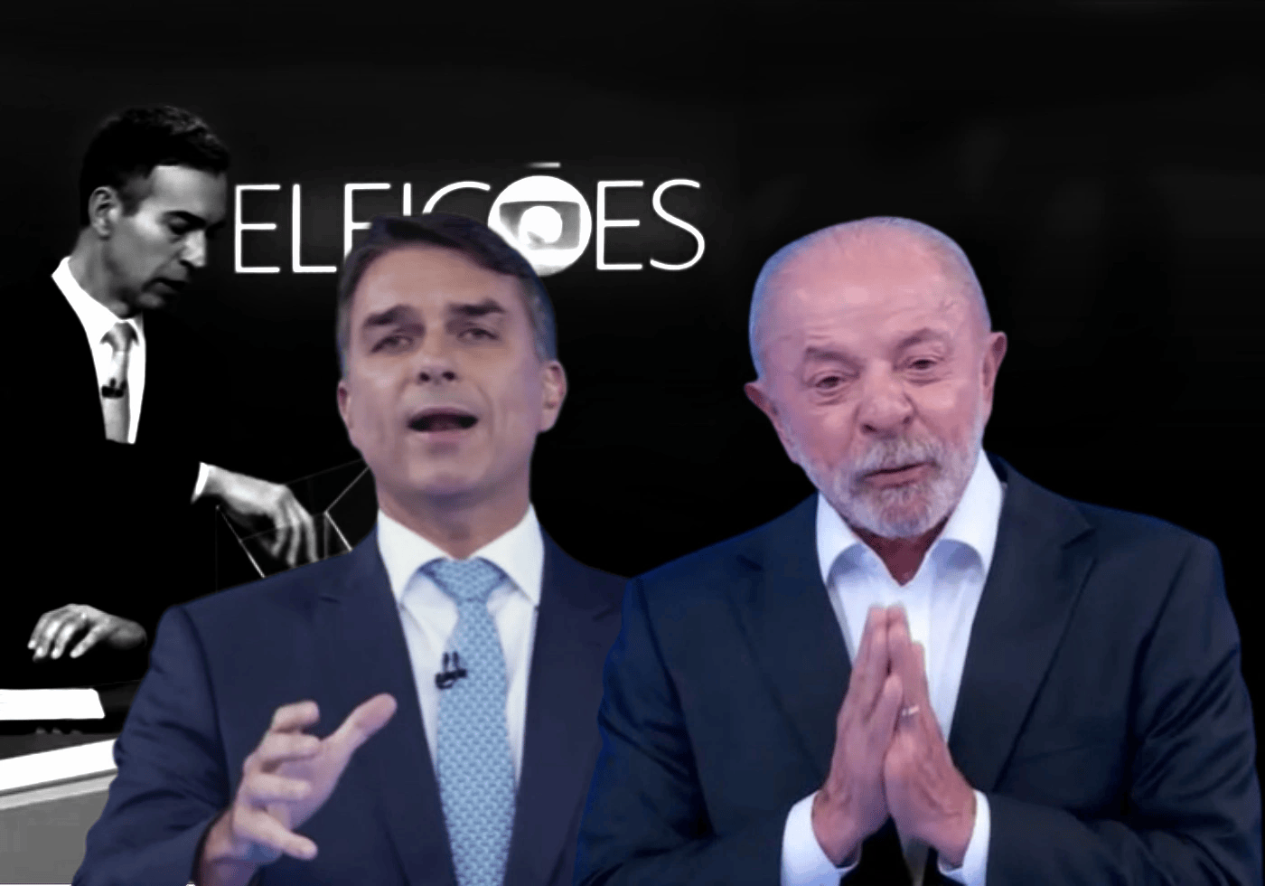 O apresentador do debate da Rede Globo, César Tralli, o senador Flávio Bolsonaro e o Presidente Lula |•| Arte URBS MAGNA
