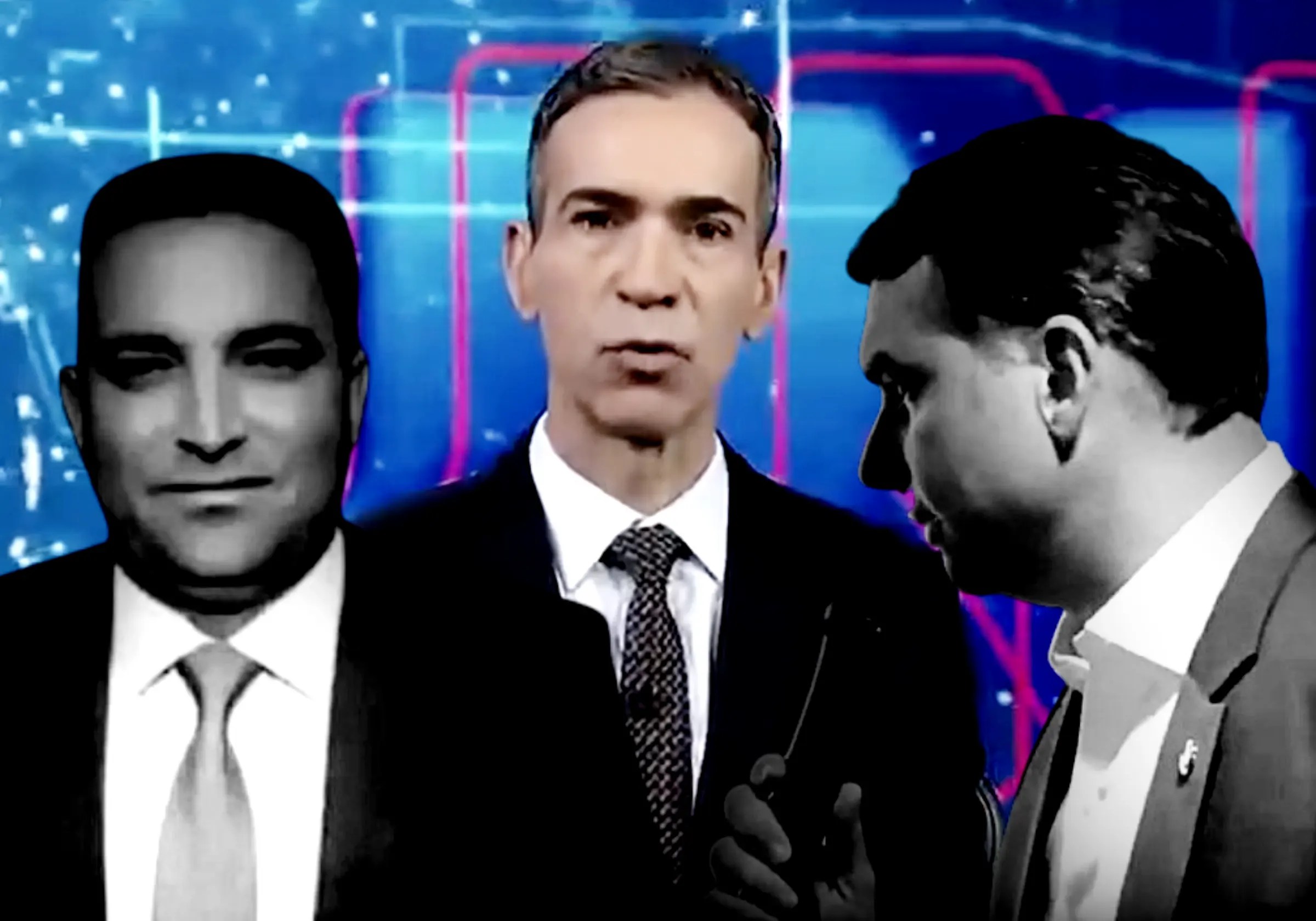 O senador Flávio Bolsonaro, o amigo advogado Willer Tomaz (esq.), ambos investigados pela Polícia Federal, e César Tralli, da Rede Globo / Imagens reprodução |•| Arte URBS MAGNA