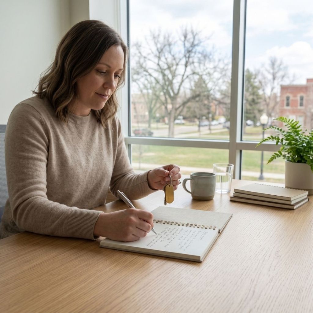Woman at a wooden office desk holding a brass key while writing in a journal