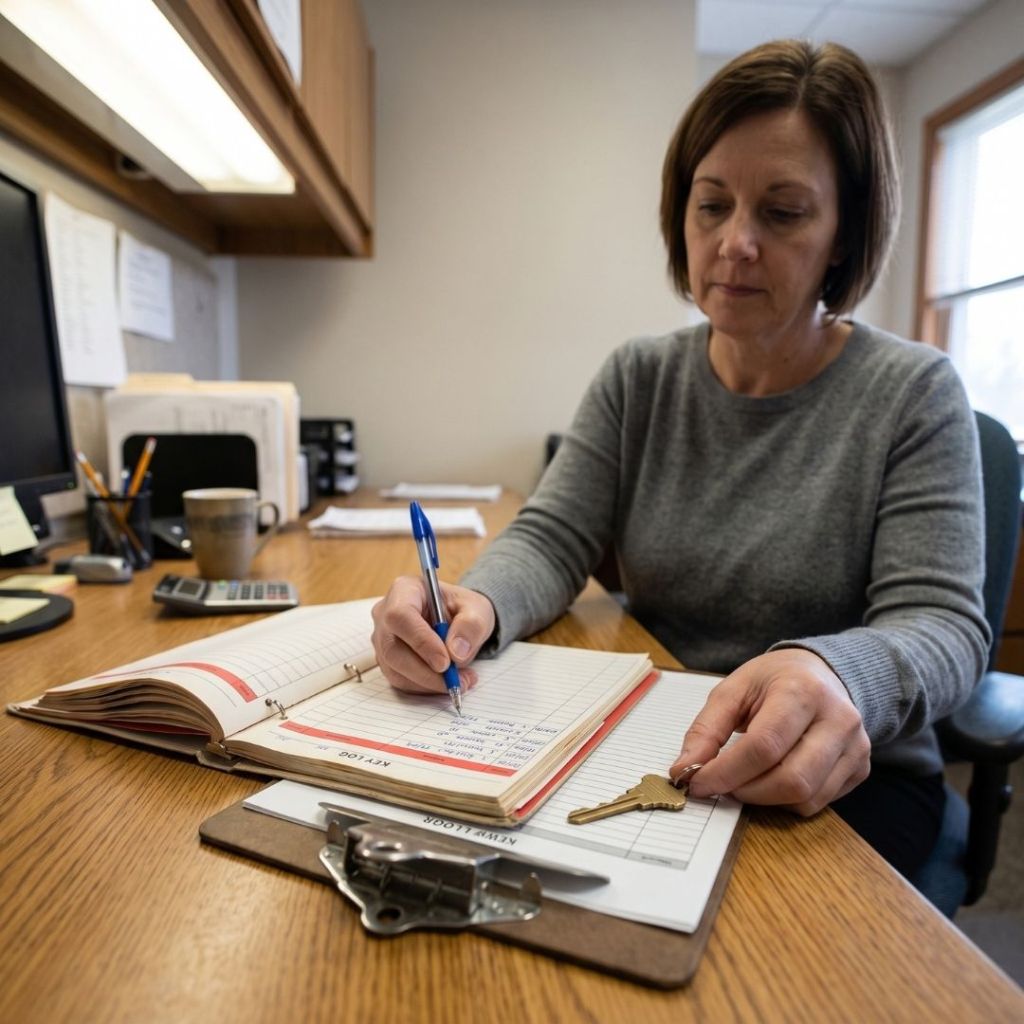Office administrator logging physical commercial keys onto a tracking ledger binder
