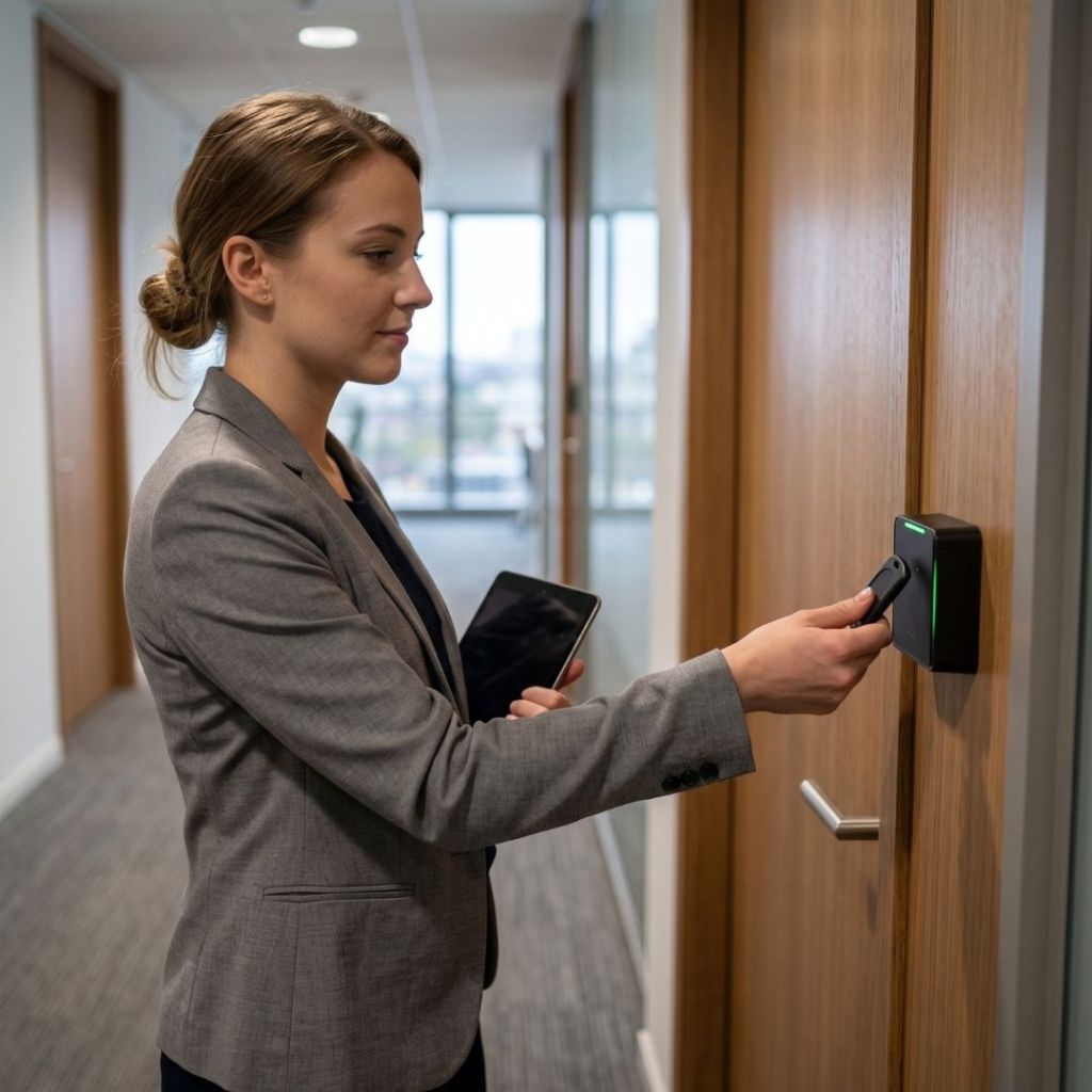 Business professional using a key fob to authenticate entry at a door card reader