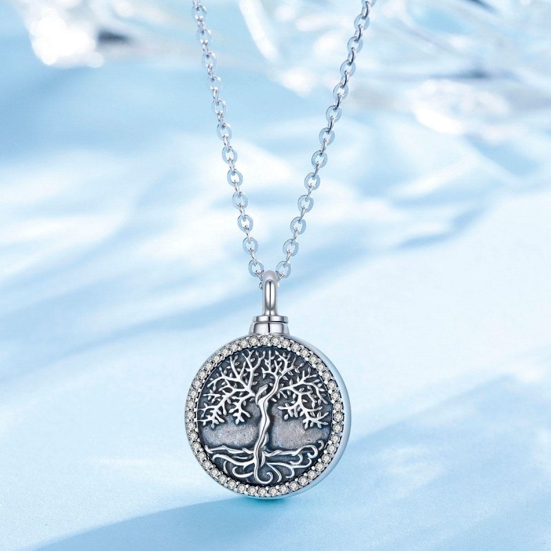 Assieraad Zilver (925) Levensboom & Zirkonia Stenen Met Ketting Urn Store Ashanger Zilver
