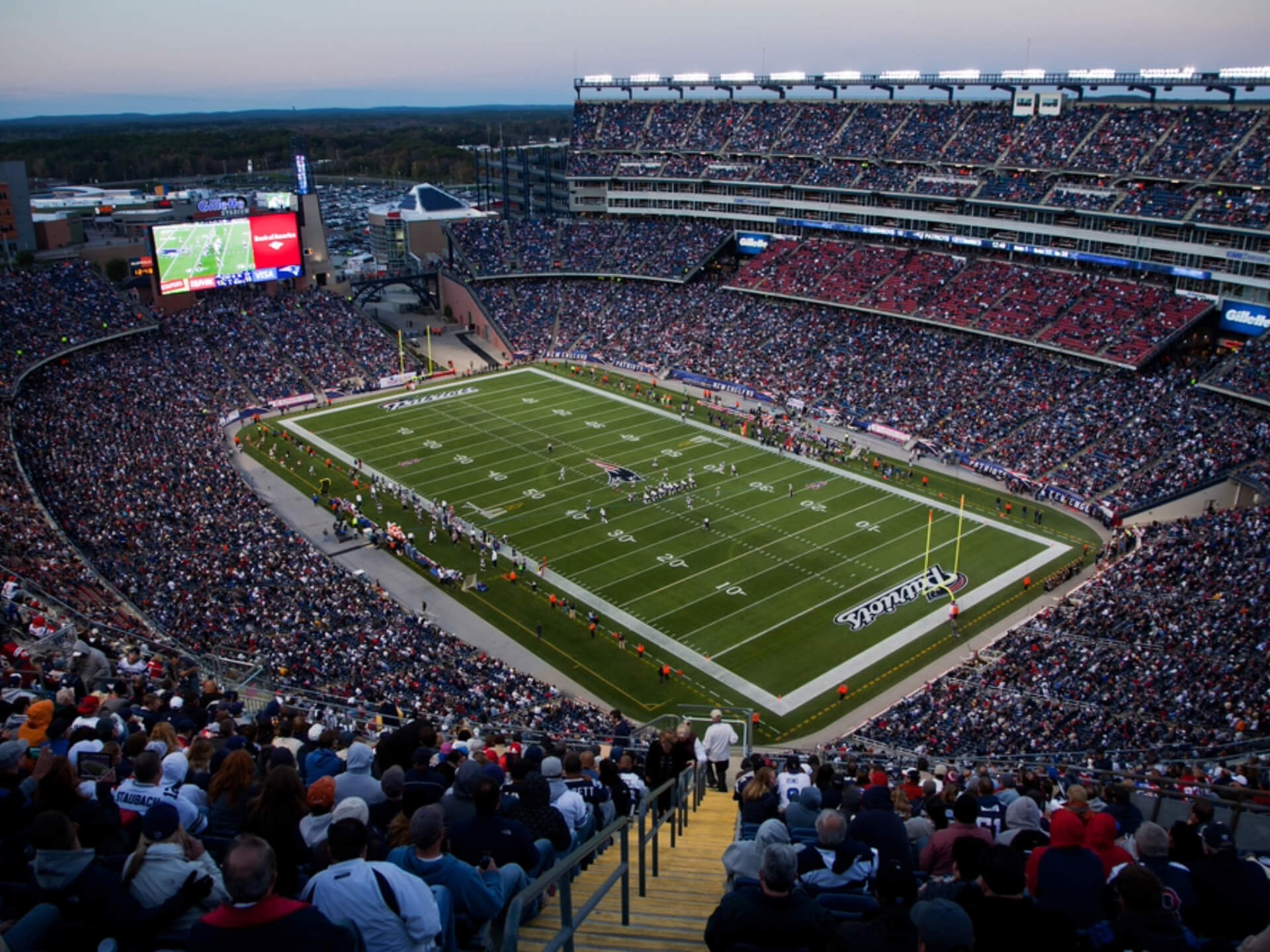 Gillette Stadiums, der Heimstätte der Super-Bowl-Sieger New England Patriots, aus der Vogelperspektive.