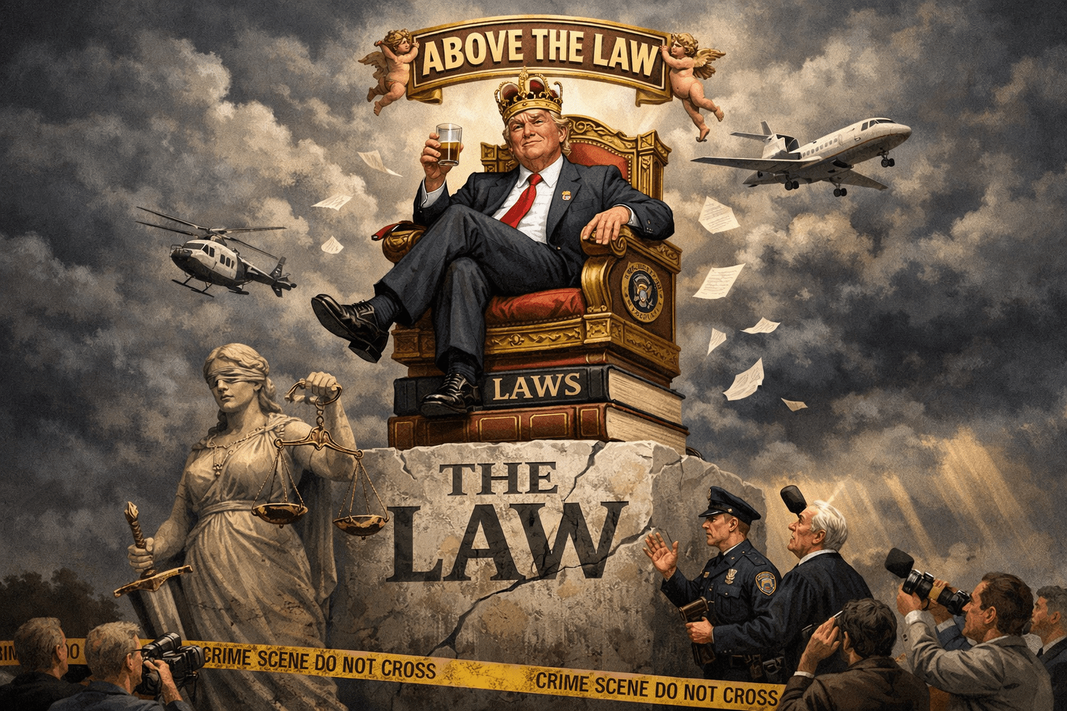 A man in a crown sitting on a throne above large books labeled 'LAWS' on a cracked pedestal reading 'THE LAW', with flying papers, helicopters, a statue of Lady Justice, police, and photographers