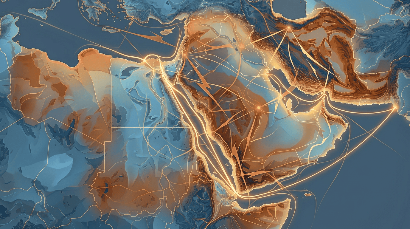 Abstract dark world map with glowing golden lines connecting continents