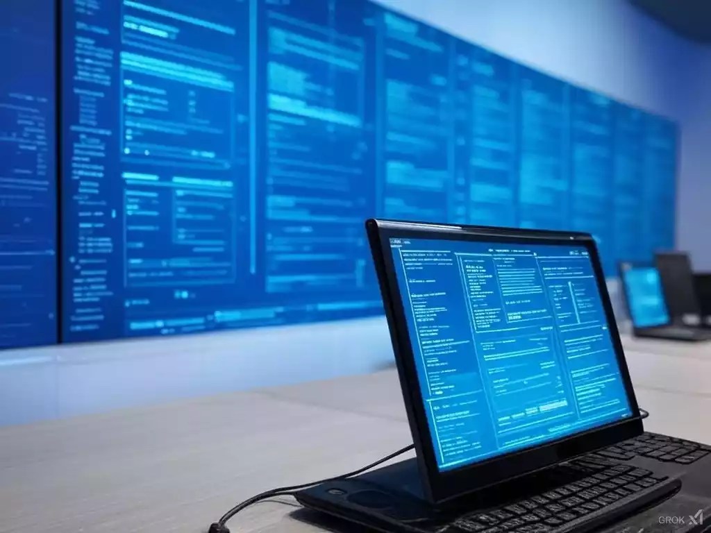 Laptop with codes on screen in blue background