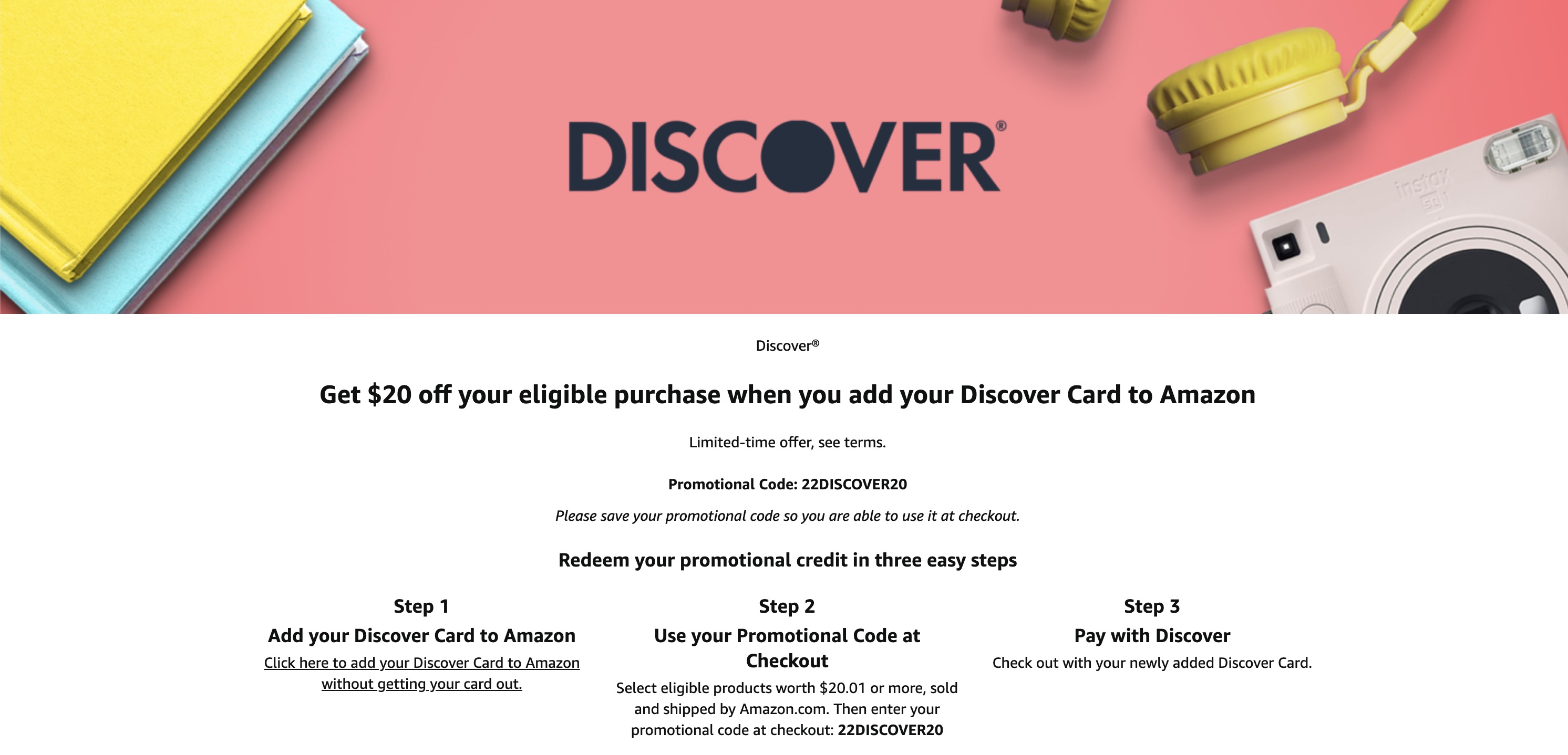 Amazon | 添加Discover信用卡送$20 off