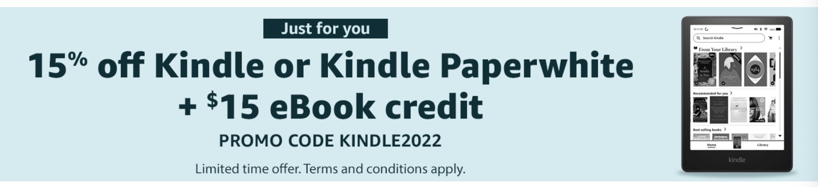 Amazon | 15% Off Kindle + $15 Kindle Credit (Targeted)