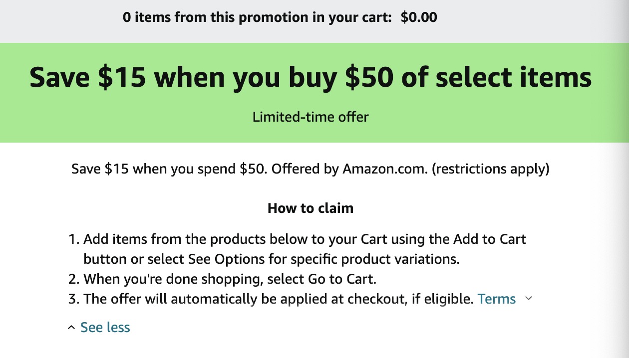 Amazon | 指定物品$50-$15