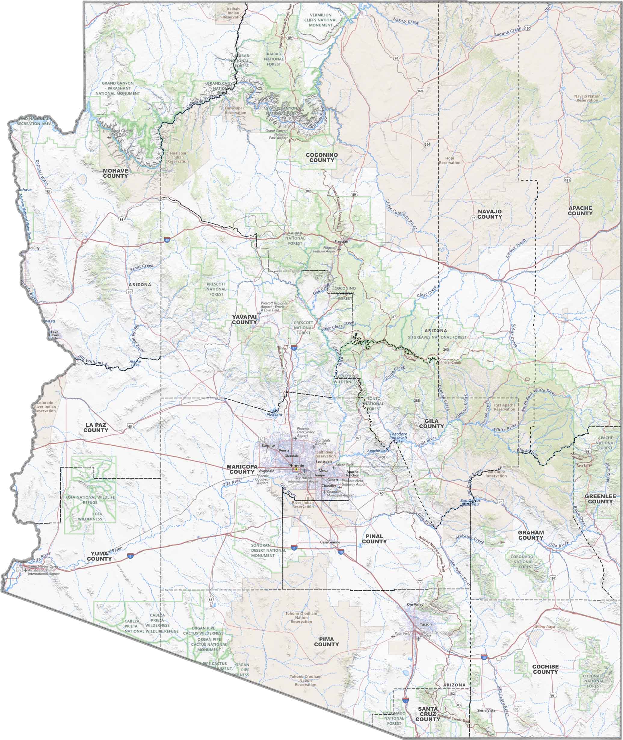 Arizona Counties And Rivers Map Arizona County Map Stock Arizona Topographic County Map 
