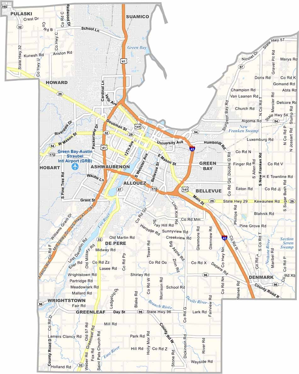 Brown county map, wisconsin