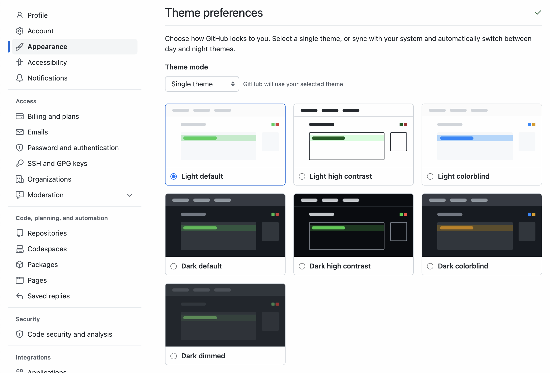 appearance settings with new light high contrast theme