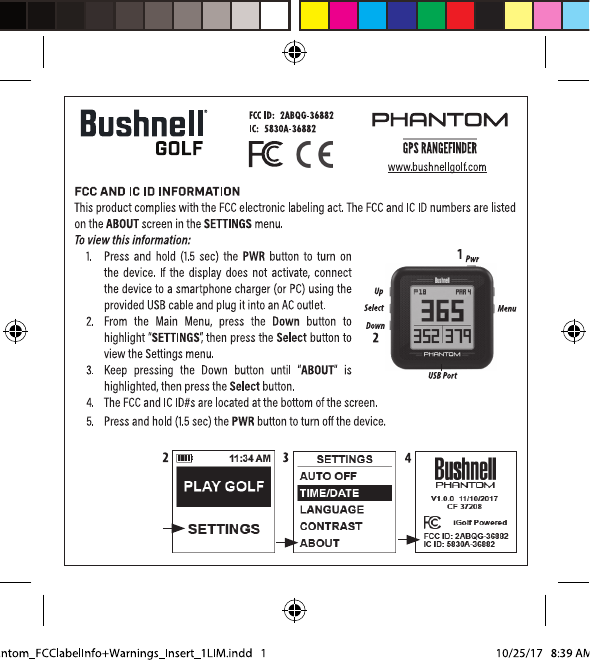 Bluetooth allows for wireless course updates ; Bushnell Performance Optics 36882 Phantom Gps Rangefinder User Manual Phantom Fcc Id Warningsinsert 1lim Print 1