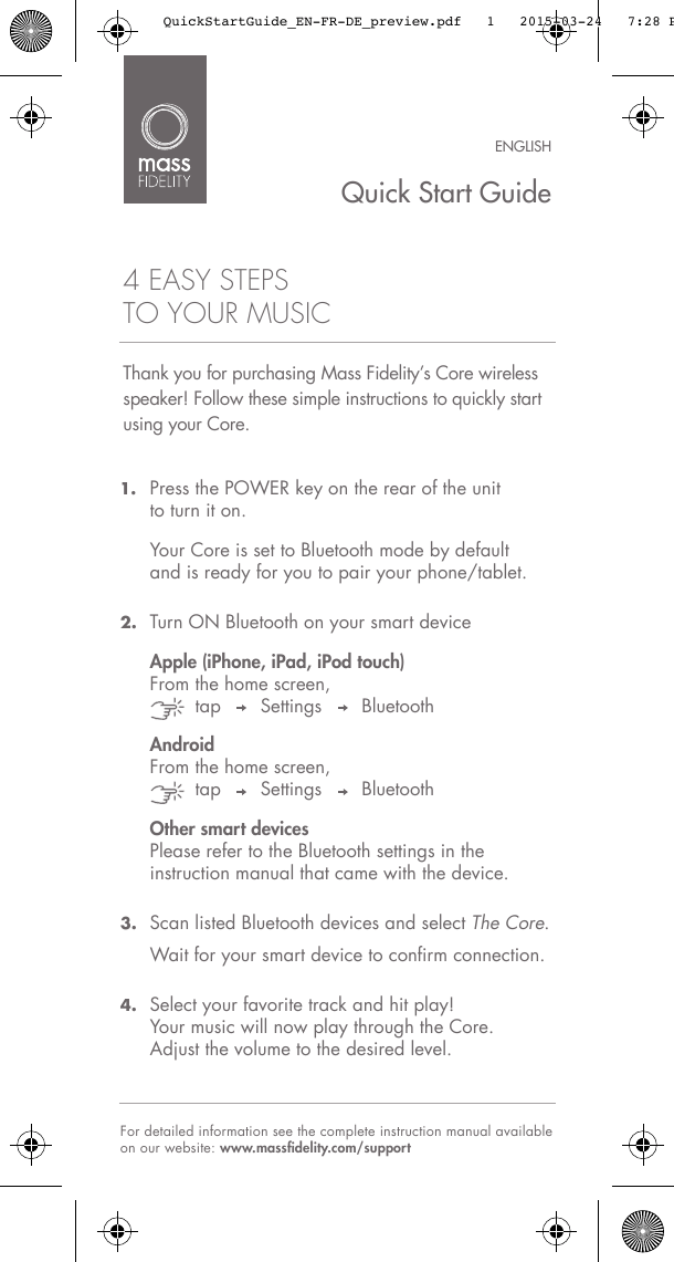 Sonos is the ultimate wireless home sound system: Mass Fidelity Core Wireless Speaker System User Manual Quickstartguide En Fr De Preview