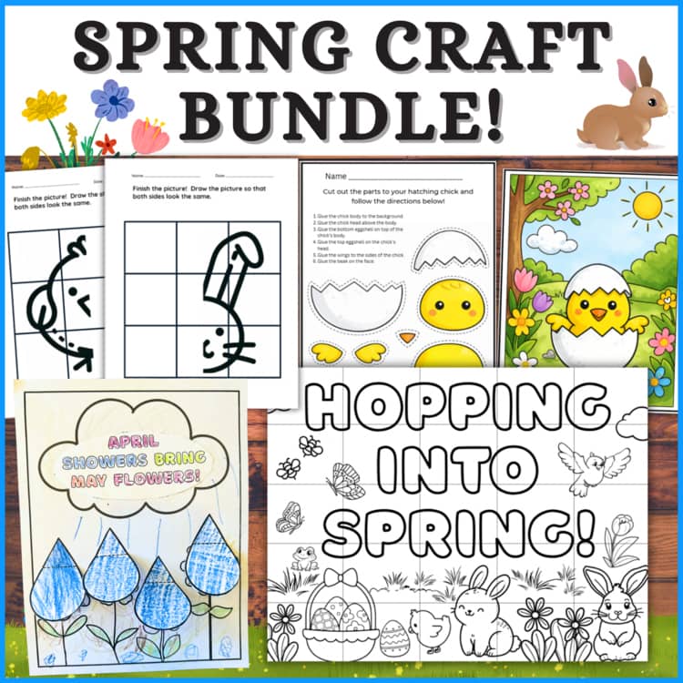 Spring crafts bundle with raindrop flower craft, symmetry drawing, hatching chick, and collaborative bunny poster