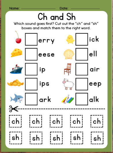 Ch and Sh digraph cut-and-paste worksheet