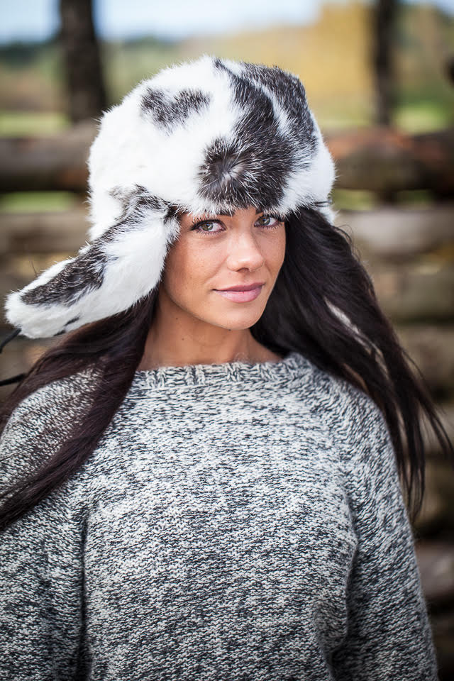 Rabbit fur ushanka winter hat. White and black. - Ushanka