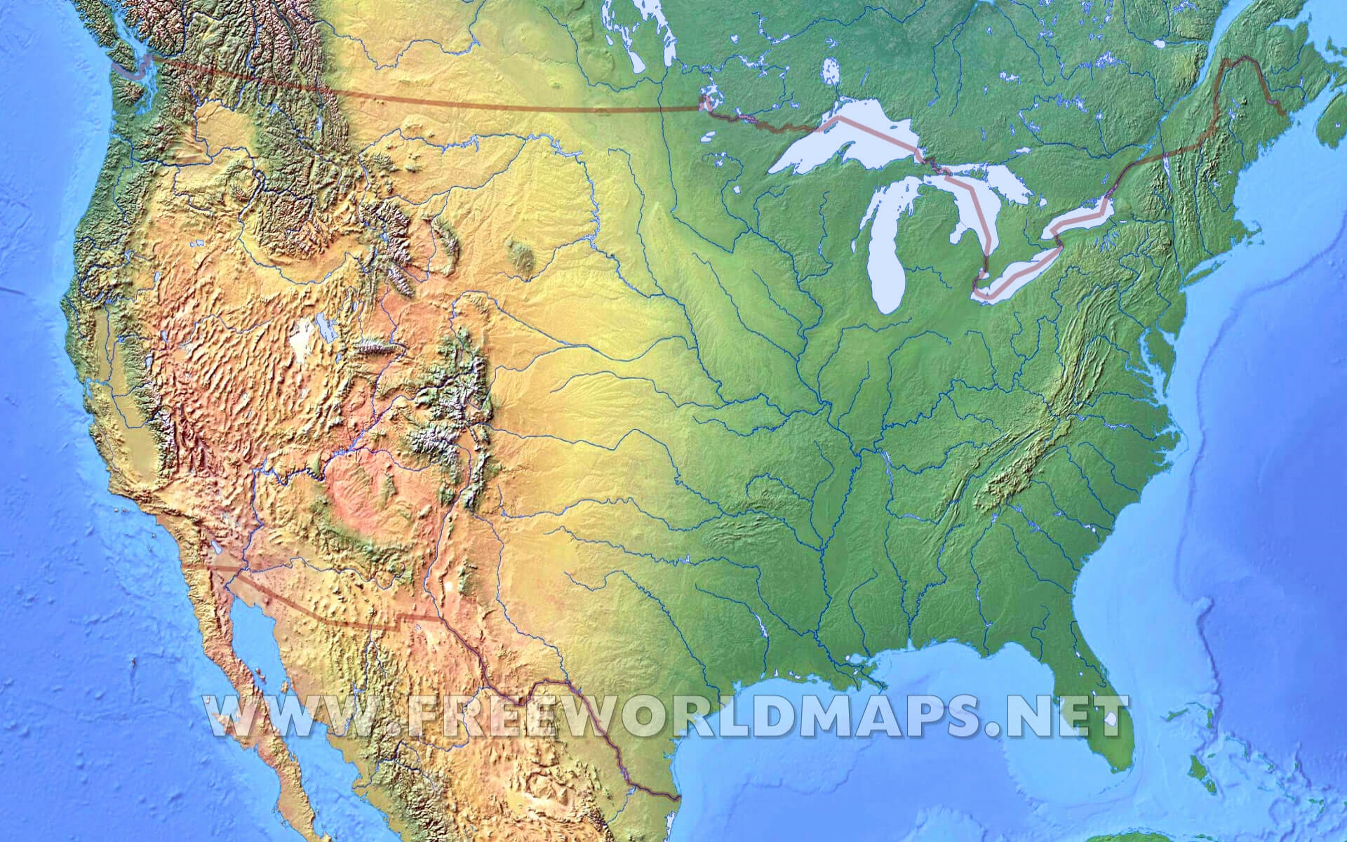 Us Physical Map With Features Printable United States.